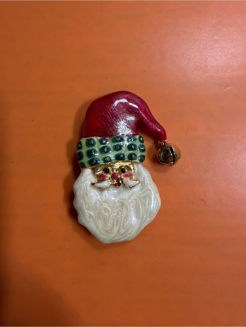 Holiday Santa Face Pin with Red Hat and Green Trim